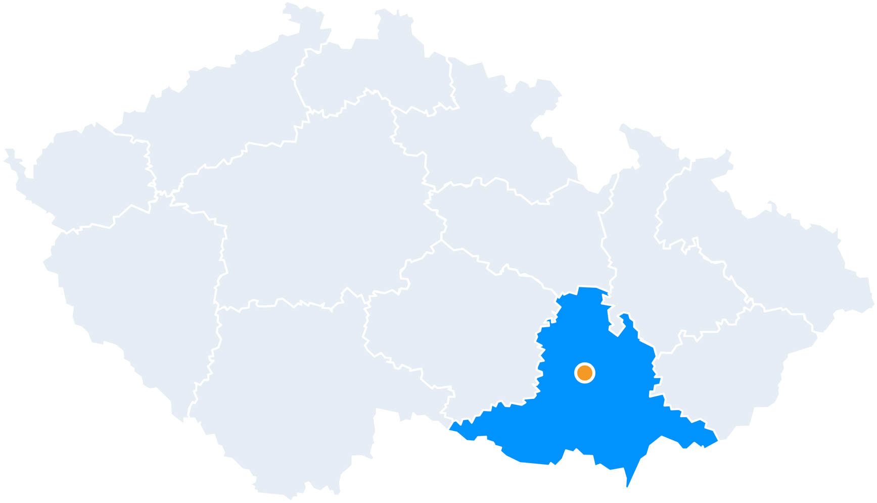 Mapa České republiky se zvýrazněným jihomoravským krajem