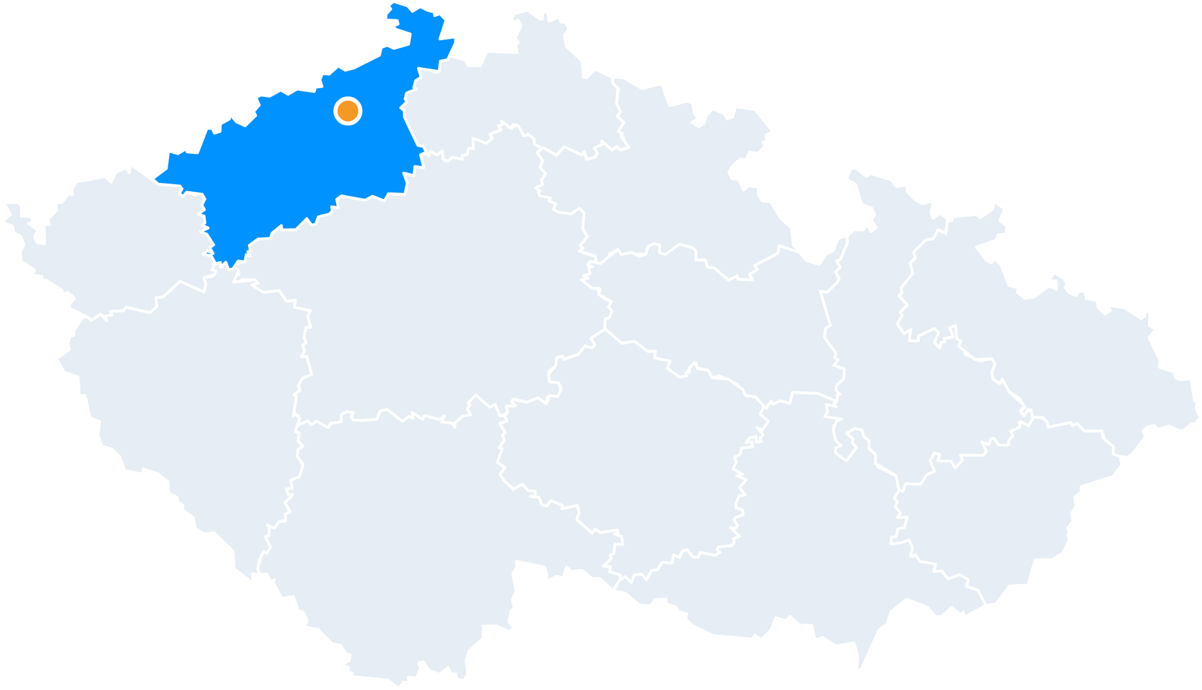 Mapa České republiky se zvýrazněným ústeckým krajem