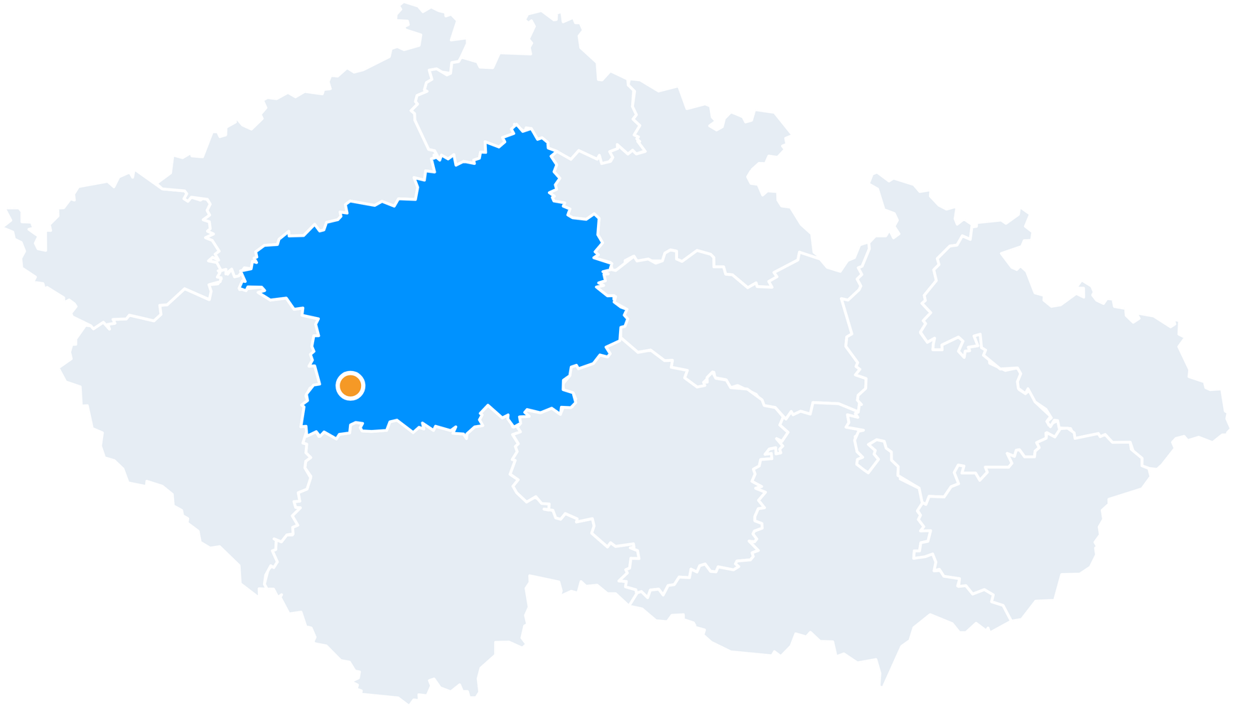 Mapa České republiky se zvýrazněným pražským a středočeským krajem